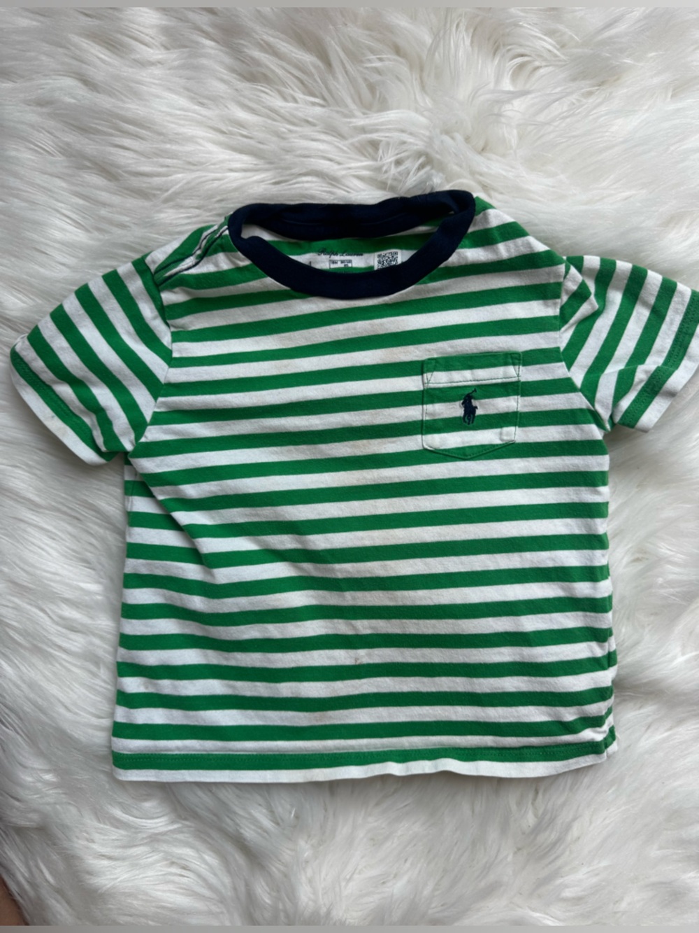Ralph Lauren Green & White Striped Pocket Tee with Navy Trim